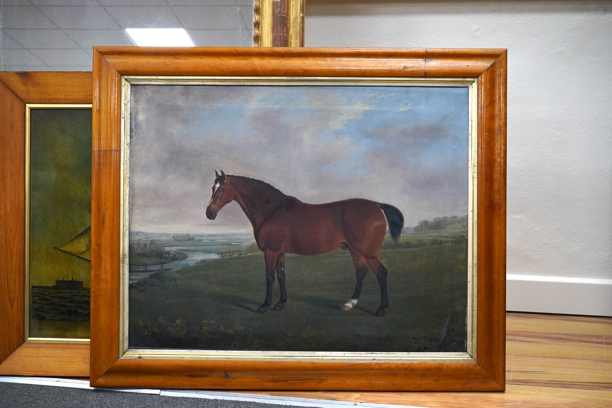 James Blazeby (19th century), oil on canvas, Bay hunter in a landscape, signed and dated 1855, 55 x 70cm, maple framed. Condition - poor